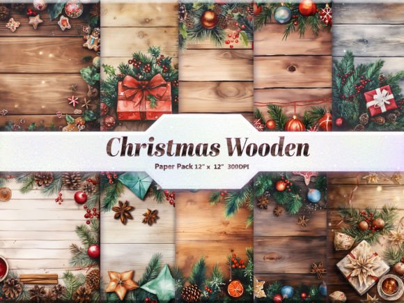Christmas Wooden Digital Paper Pack: 12 Rustic JPG Files