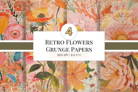Embrace Nostalgic Textures with Retro Flowers Grunge Digital Papers