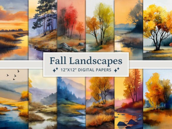 Watercolor Fall Landscape Digital Papers for Autumn Projects